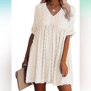 Casual Swiss Dot V Neck Short Sleeve Flowy Mini Babydoll Dress Cream